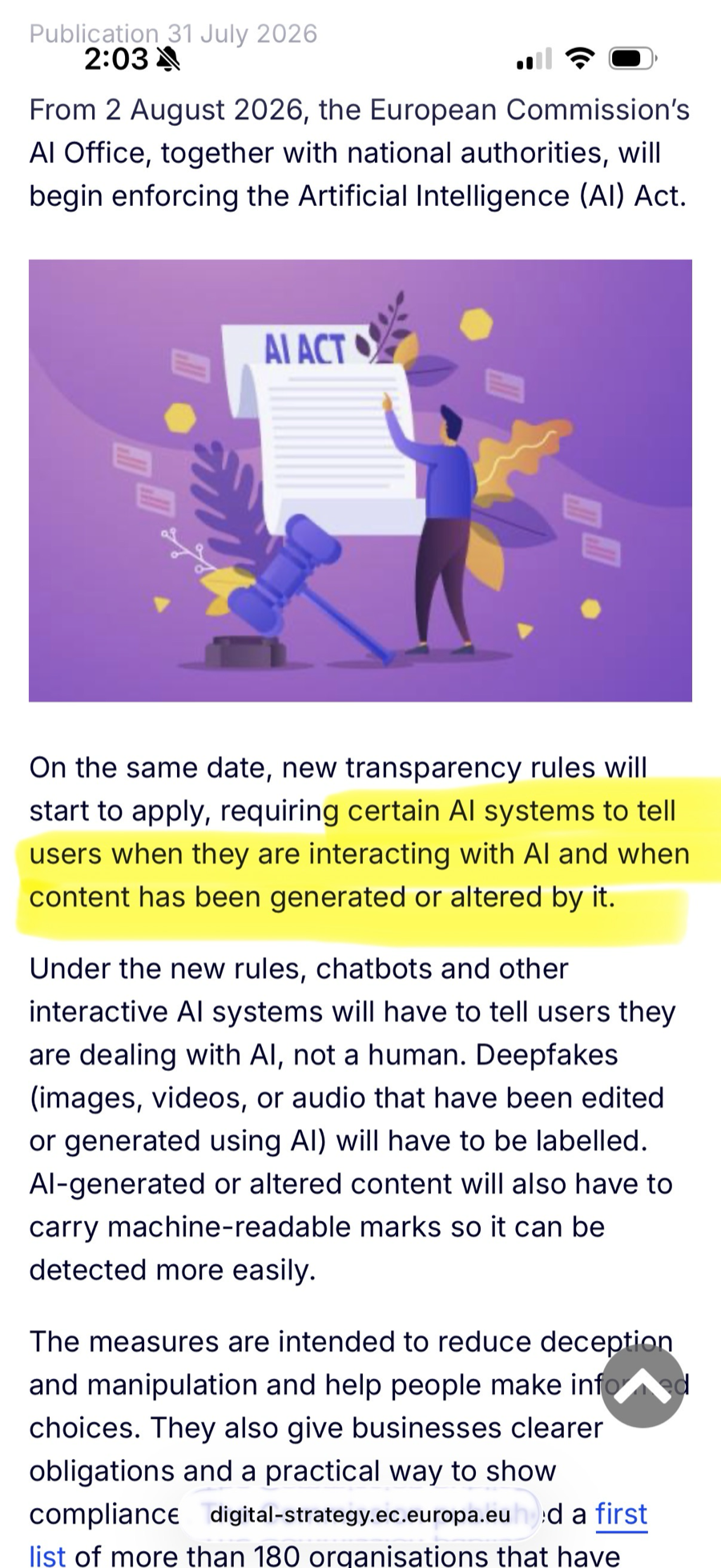 EU AI Act highlighted transparency rule