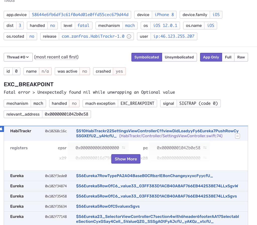 Sentry stack trace details
